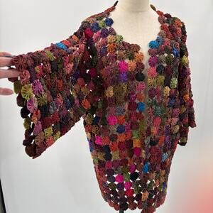 VTG Thai Silk Kimono Yo-yo Multicolor Artsy Festival Hand Made One Size